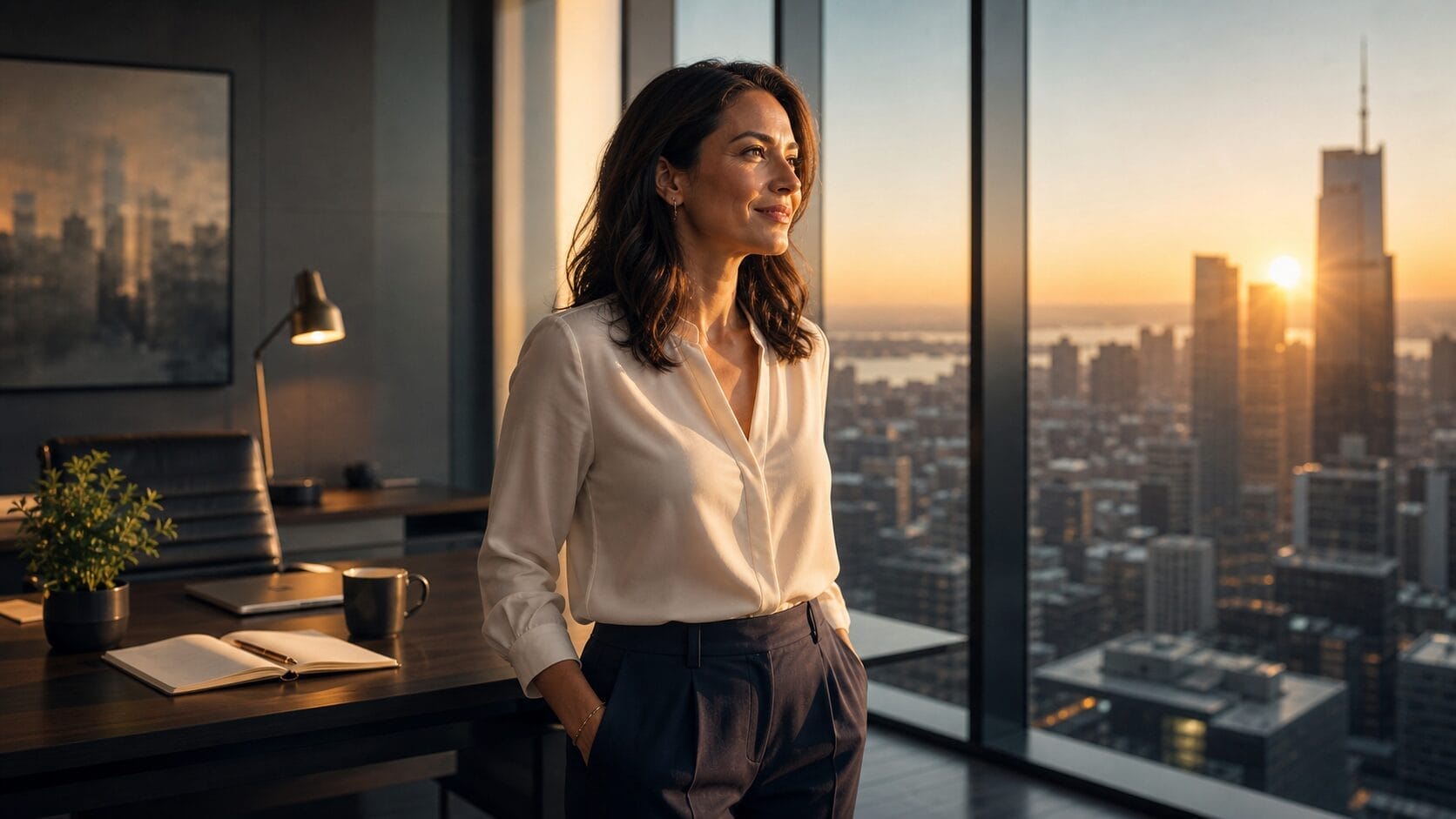 Femme dirigeante moderne confiante dans un bureau contemporain au lever du soleil